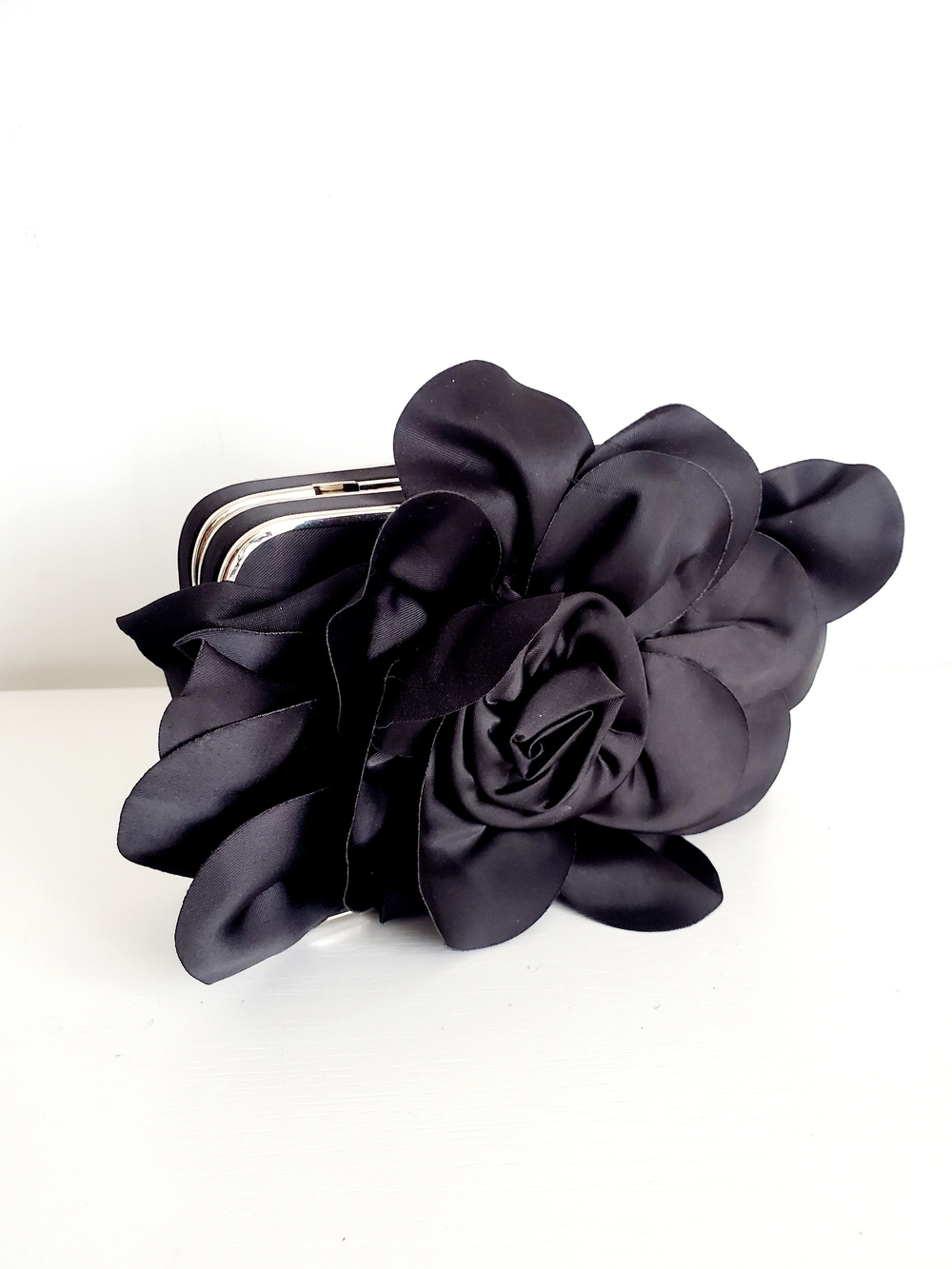 Black Floral Satin Clutch Bag